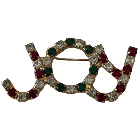 Jewelry - Christmas Pin Brooch Joy Rhinestone Vintage Red Green Holidays Festive Jewelry